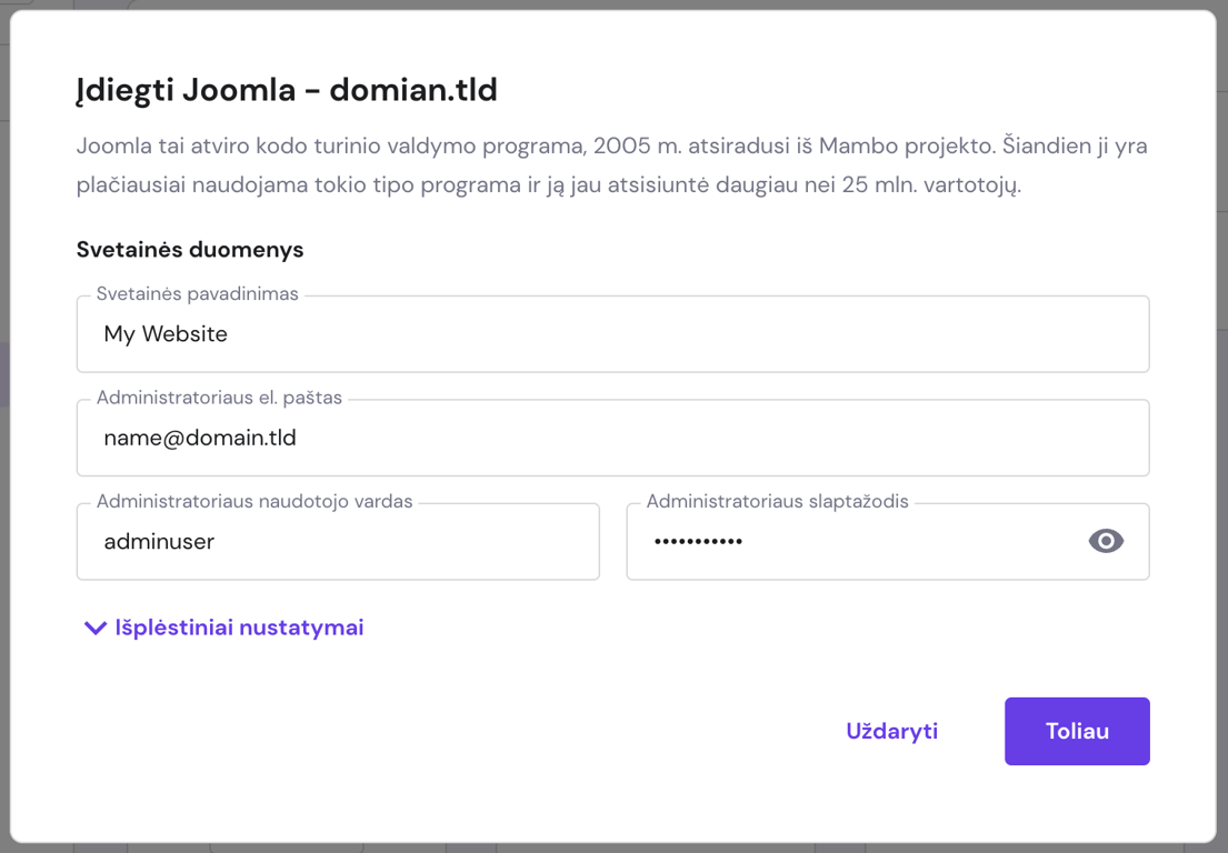 Joomla diegimo langas su įvesties laukais ir mygtuku „Toliau“
