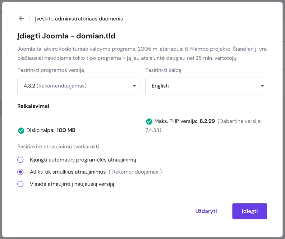 Joomla diegimo langas su pažymėta parinktimi „Atlikti tik smulkius atnaujinimus“