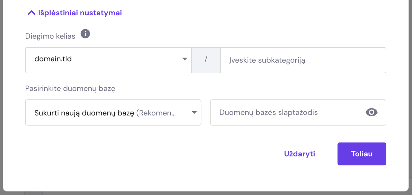 Hostinger automatinio diegimo langas su diegimo keliu ir duomenų bazės nustatymais