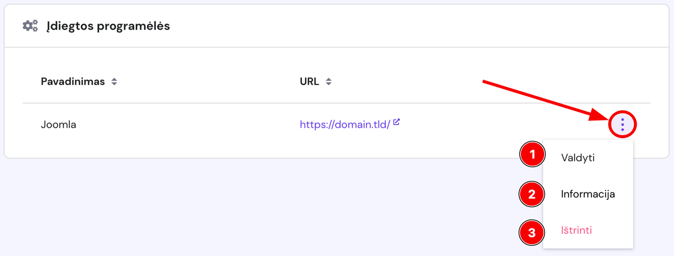 Joomla įdiegtų programėlių meniu su pažymėtu trijų taškų veiksmų mygtuku