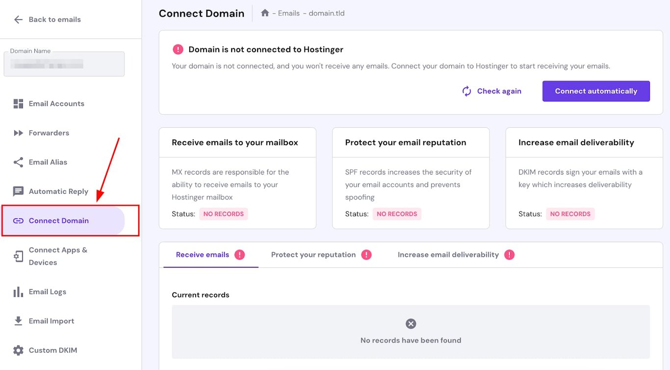Hostinger el. pašto nustatymuose pažymėtas „Connect Domain“ meniu punktas
