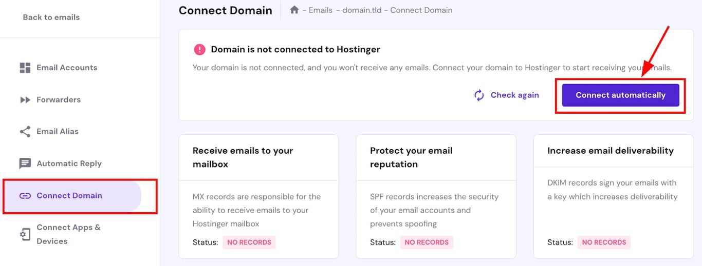 Hostinger el. pa&scaron;to nustatymuose pažymėtas &bdquo;Connect Domain&ldquo; ir mygtukas &bdquo;Connect automatically&ldquo;