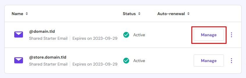 Hostinger el. pa&scaron;to sąra&scaron;e pažymėtas domeno &bdquo;Manage&ldquo; mygtukas prie @domain.tld