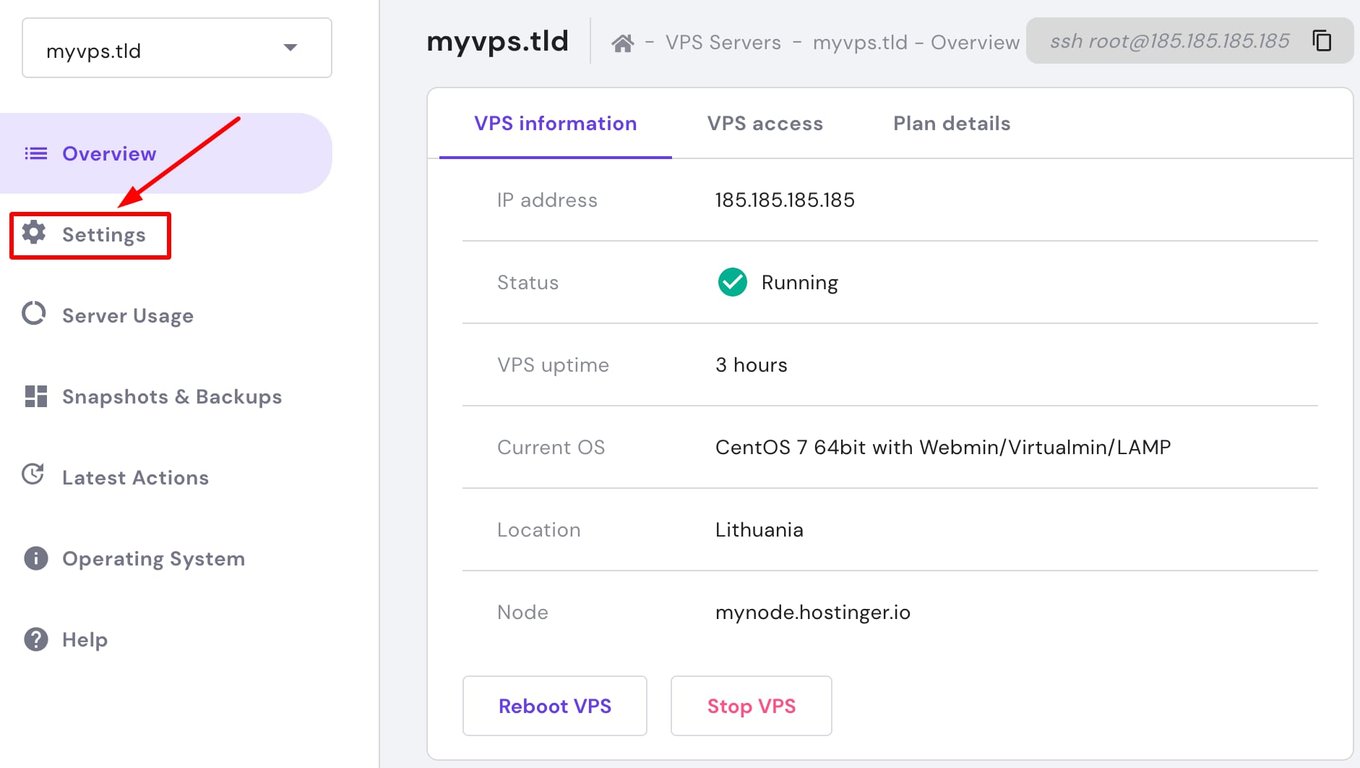 VPS Hostinger: menu Configurações destacado no painel lateral