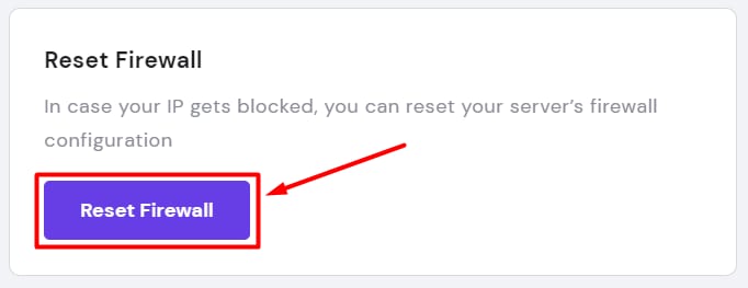VPS Hostinger: botão “Reset Firewall” destacado para redefinir o firewall do servidor