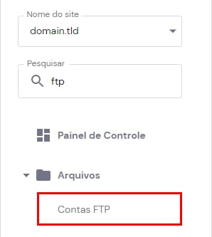 Hostinger hPanel com menu Arquivos e a opção Contas FTP destacada