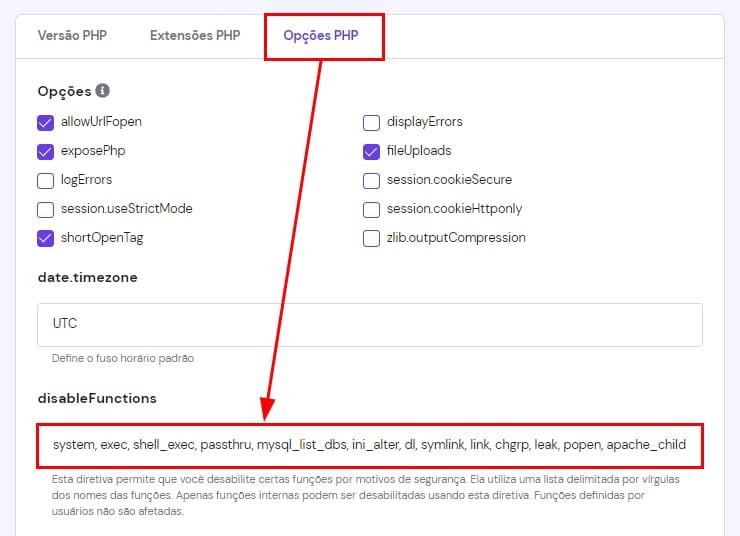 Hostinger VPS: aba Opções PHP com o campo disableFunctions destacado e preenchido com funções desabilitadas