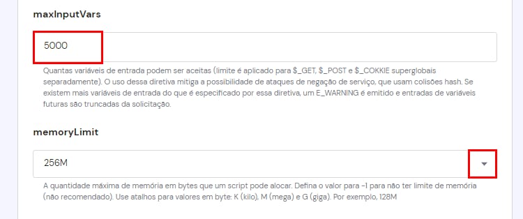 Hostinger hPanel: campo maxInputVars com valor 5000 destacado e menu memoryLimit abaixo