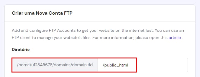 Hostinger: caminho do diretório raiz com /home/u12345678/domains/domain.tld/public_html destacado