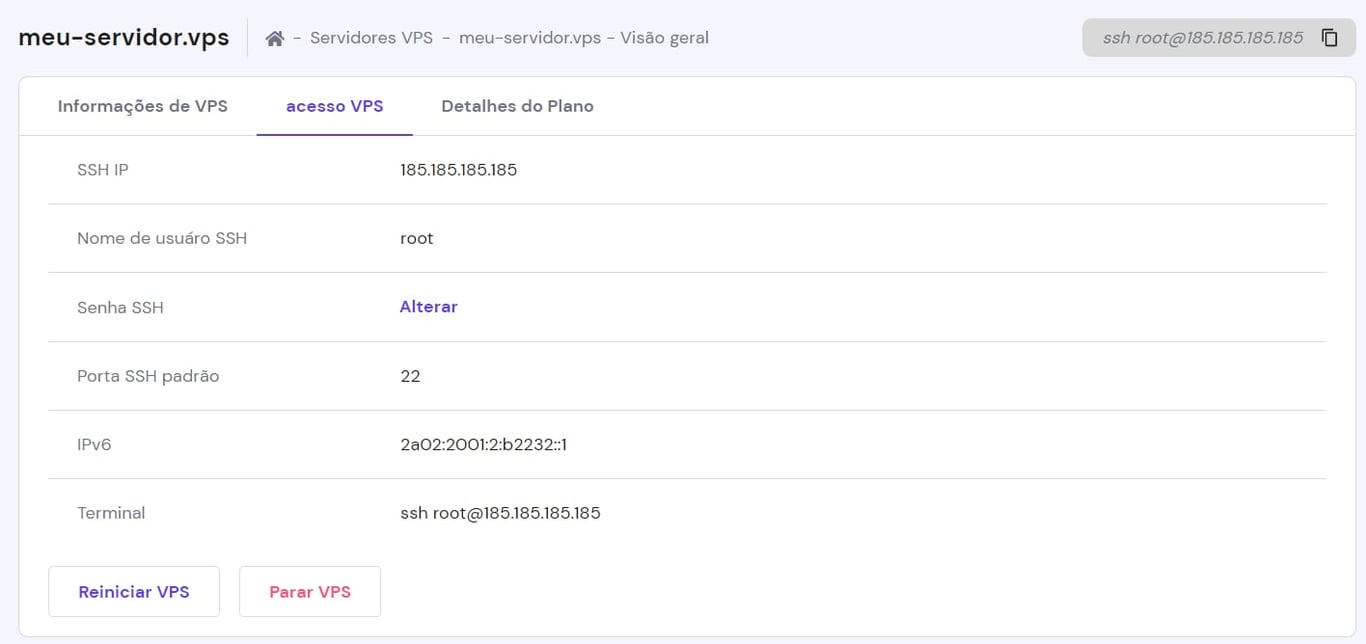 VPS Hostinger: comando SSH root@185.185.185.185 destacado no canto superior direito