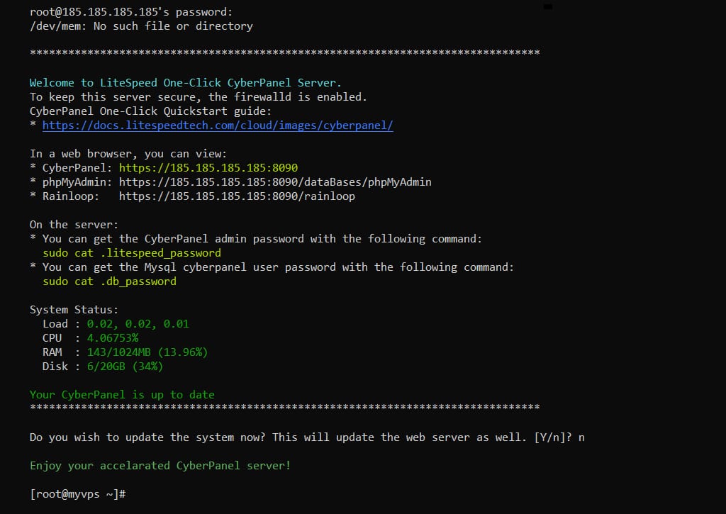 VPS no terminal com aviso do CyberPanel e status do sistema ap&oacute;s login SSH