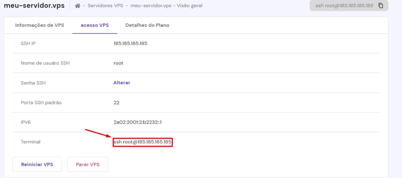 VPS Hostinger: comando SSH root@185.185.185.185 destacado no terminal