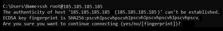 VPS: terminal com comando SSH e aviso de autentica&ccedil;&atilde;o do host, aguardando confirma&ccedil;&atilde;o