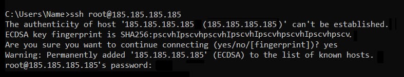 VPS: terminal SSH exibindo o prompt de senha ap&oacute;s confirmar a autenticidade do host 185.185.185.185
