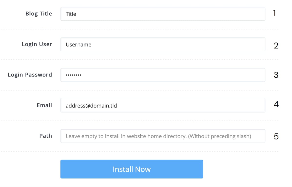Formul&aacute;rio de instala&ccedil;&atilde;o do WordPress no CyberPanel com bot&atilde;o Instalar Now