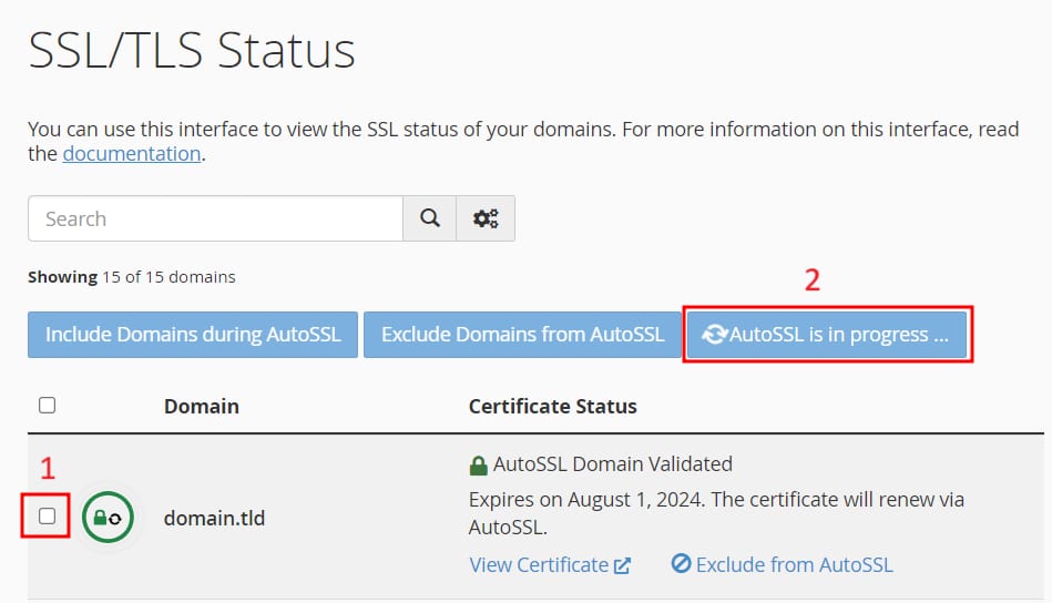 cPanel SSL/TLS Status com bot&atilde;o &ldquo;AutoSSL is in progress&rdquo; destacado