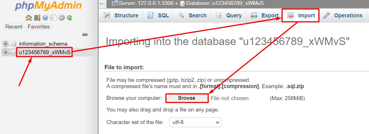 phpMyAdmin no CyberPanel: banco de dados u123456789_xWMvS selecionado e aba Import destacada