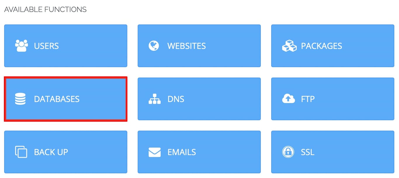 CyberPanel da VPS Hostinger: op&ccedil;&atilde;o Databases destacada no menu de fun&ccedil;&otilde;es