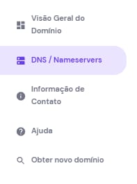 Menu lateral do painel Hostinger com a opção DNS / Nameservers destacada em roxo