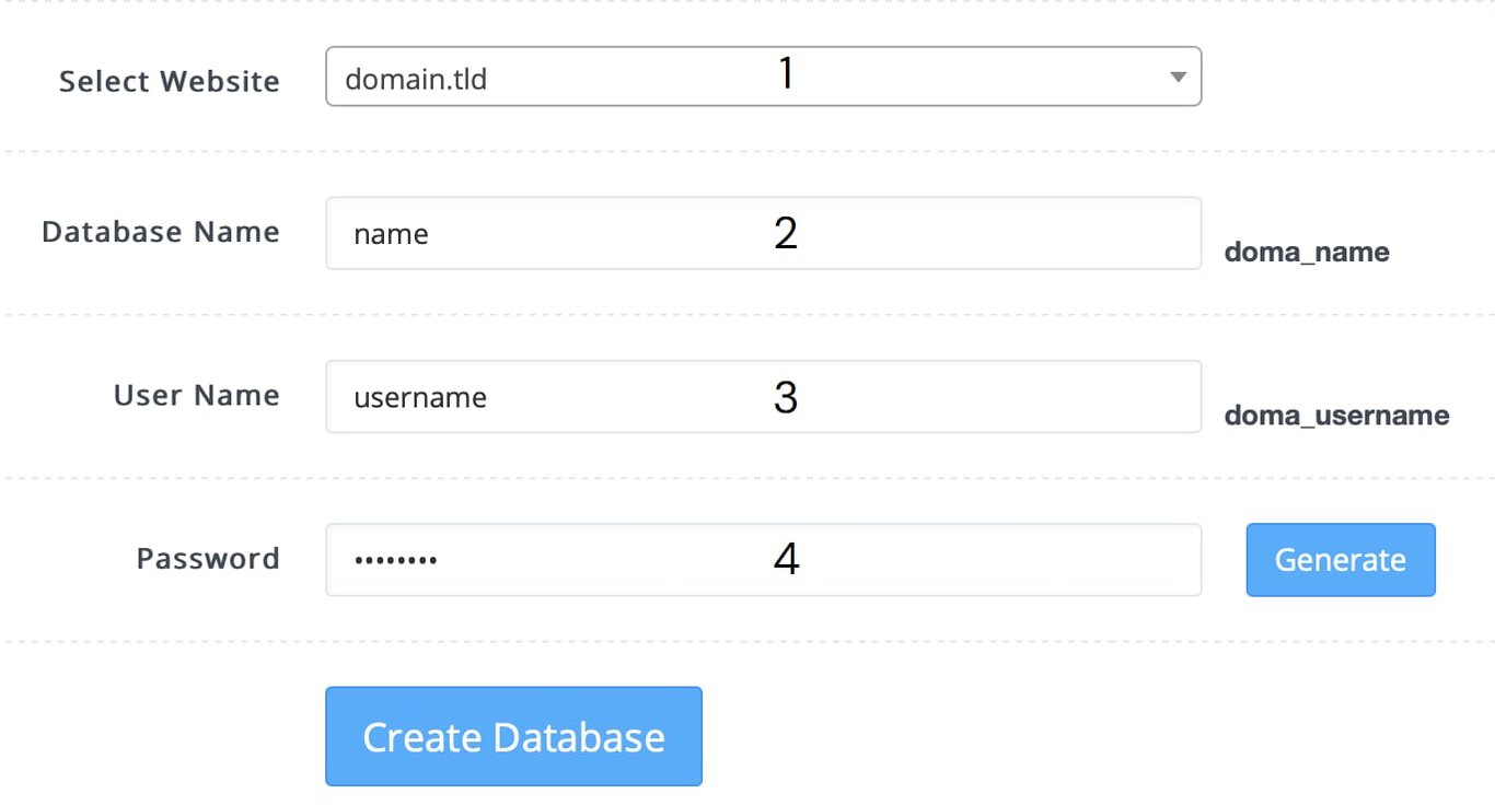 CyberPanel na VPS Hostinger: campos para criar banco de dados e bot&atilde;o Criar Database