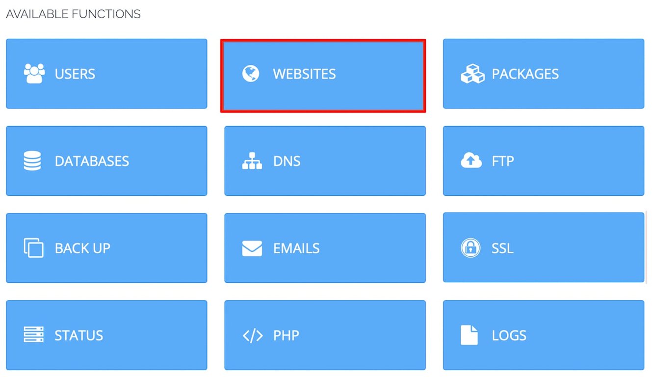 CyberPanel: menu de fun&ccedil;&otilde;es com Websites destacado em vermelho