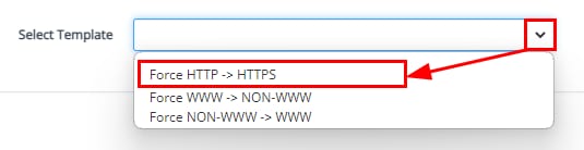 CyberPanel: menu suspenso com a op&ccedil;&atilde;o &ldquo;Force HTTP -> HTTPS&rdquo; destacada