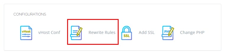 CyberPanel na VPS com op&ccedil;&atilde;o Rewrite Rules destacada no menu de configura&ccedil;&otilde;es
