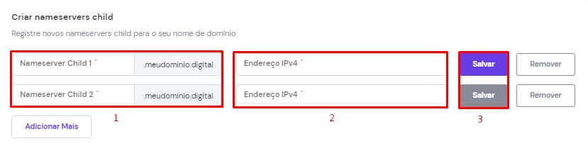 Hostinger: campos de nameserver child e endereço IPv4 com botão Salvar destacado
