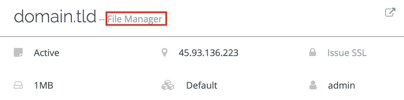 CyberPanel: opção File Manager destacada ao lado de domain.tld