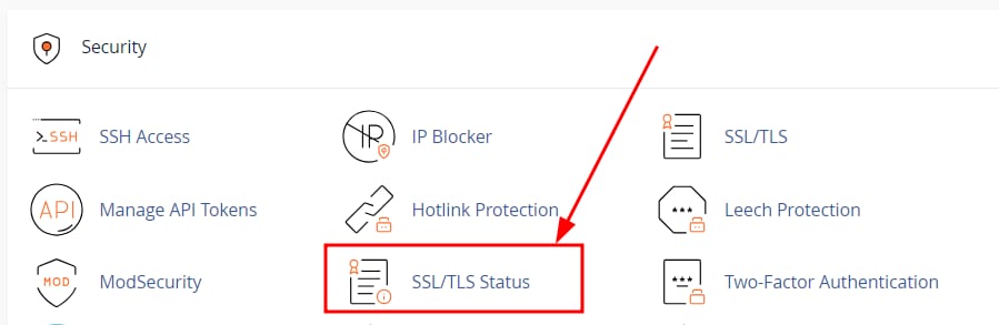 cPanel Hostinger: op&ccedil;&atilde;o SSL/TLS Status destacada no menu Seguran&ccedil;a