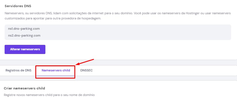 Hostinger: aba “Nameservers child” destacada na seção Servidores DNS