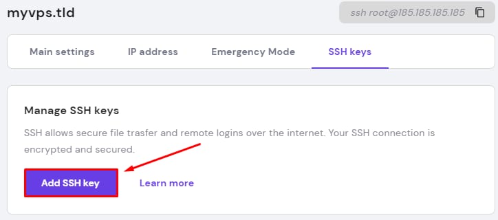 VPS: botão “Add SSH key” na seção de gerenciamento de chaves SSH