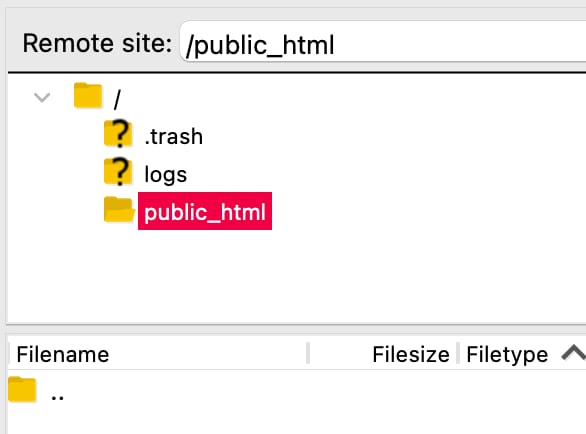 Hostinger: pasta public_html destacada no navegador FTP remoto