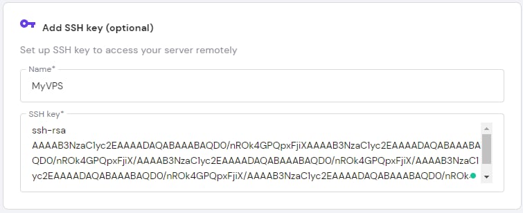 VPS Hostinger com formulário para adicionar chave SSH e campo SSH key em destaque