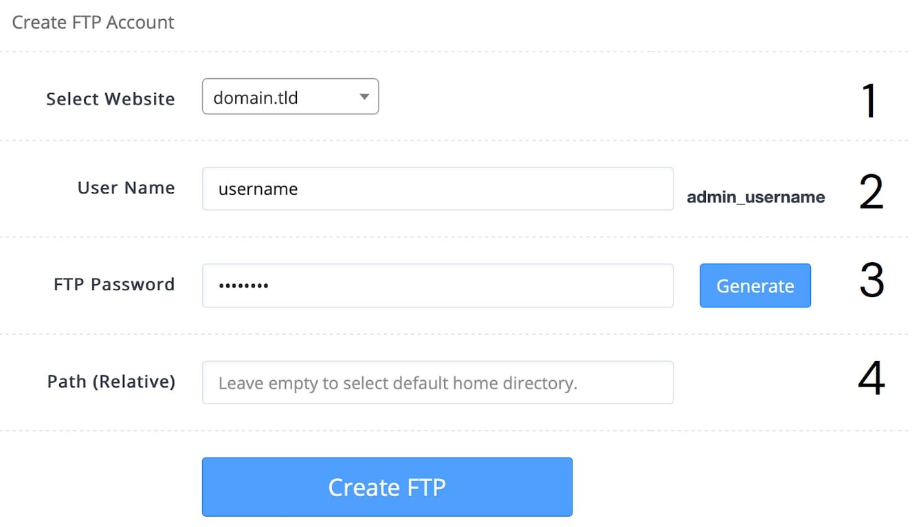 CyberPanel: formulário para criar conta FTP, com campo Path (Relative) destacado