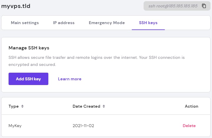 VPS da Hostinger na aba SSH keys, com botão “Add SSH key” em destaque
