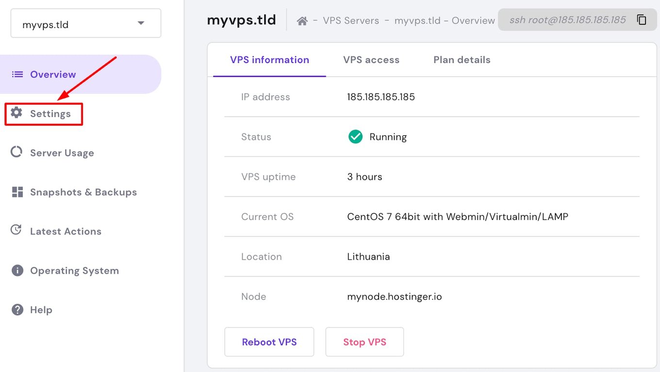 VPS da Hostinger com menu Settings destacado no painel lateral