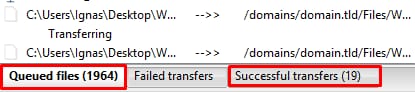 CyberPanel: abas Queued files e Successful transfers destacadas no gerenciador de FTP