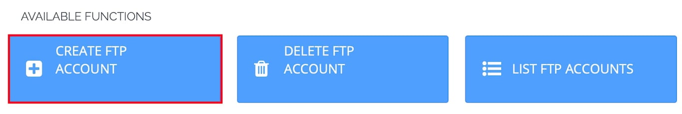 CyberPanel: botão Criar conta FTP destacado na área de funções disponíveis