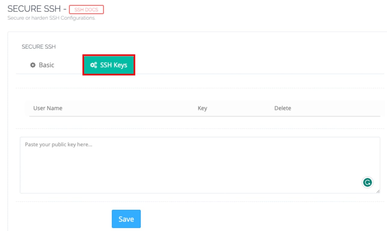 CyberPanel: guia SSH Docs com a aba SSH Keys destacada no Secure SSH