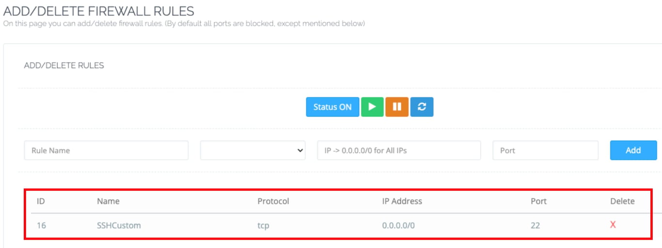 CyberPanel: regra SSHCustom para porta 22 no firewall