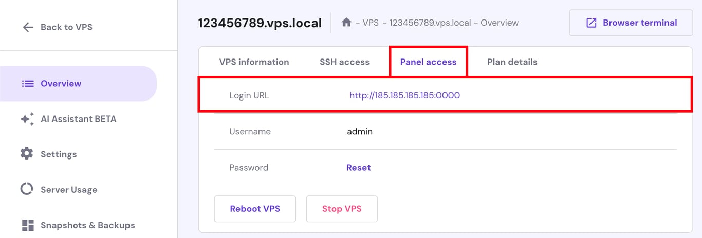 VPS: aba Acesso ao painel destacando a URL de login do CyberPanel e usu&aacute;rio admin