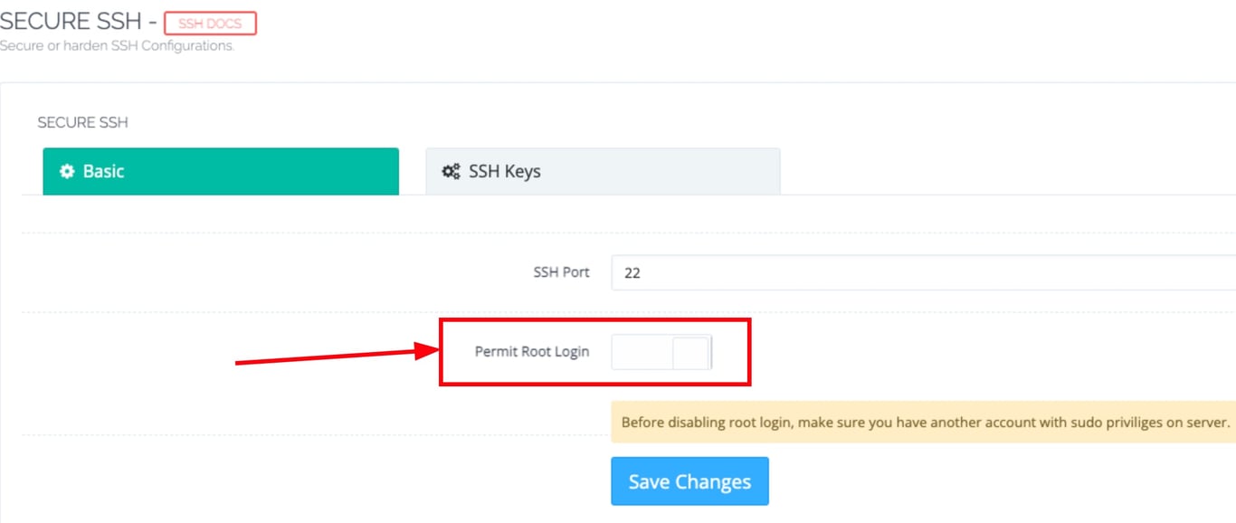 CyberPanel VPS: op&ccedil;&atilde;o &ldquo;Permit Root Login&rdquo; destacada nas configura&ccedil;&otilde;es SSH