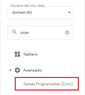 Hostinger: opci&oacute;n Tareas Programadas (Cron) resaltada en el men&uacute; Avanzado