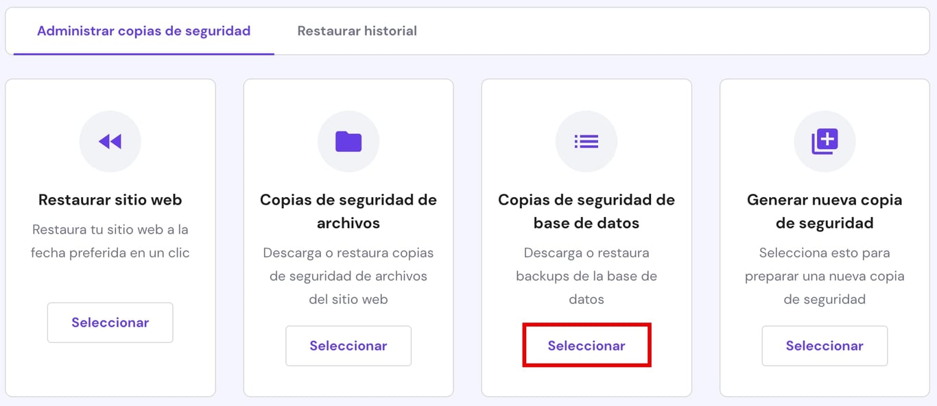 Hostinger: botón Seleccionar en Copias de seguridad de base de datos resaltado