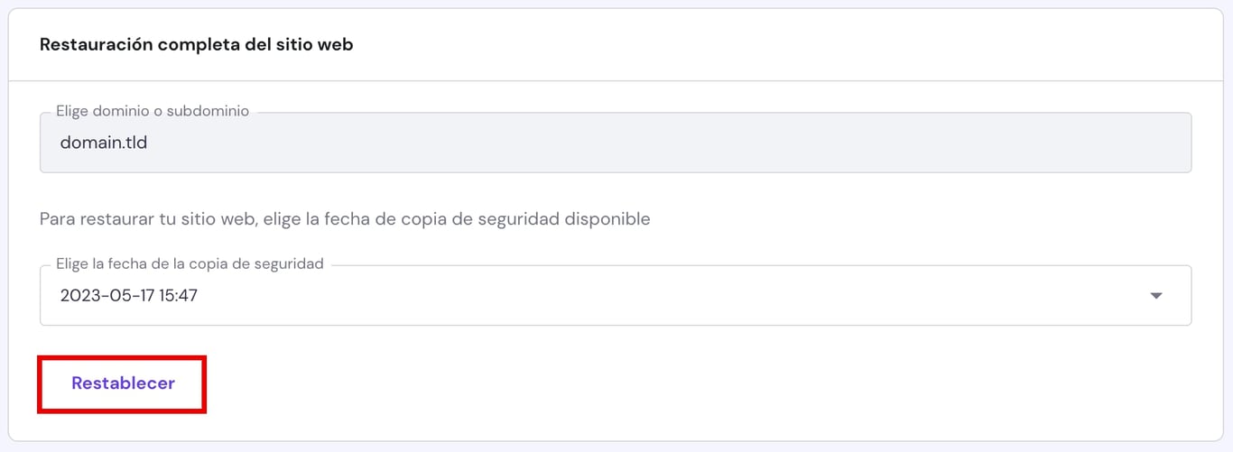 Hostinger: botón Restablecer resaltado en restauración completa del sitio web