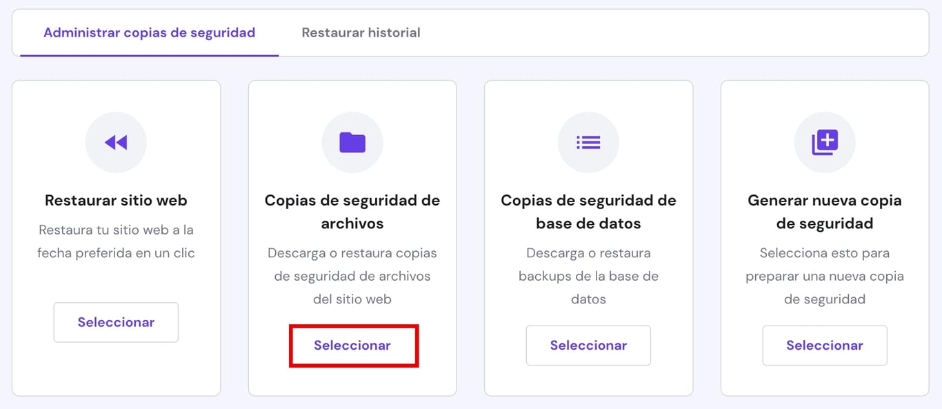 Copias de seguridad de archivos en Hostinger con el botón Seleccionar resaltado
