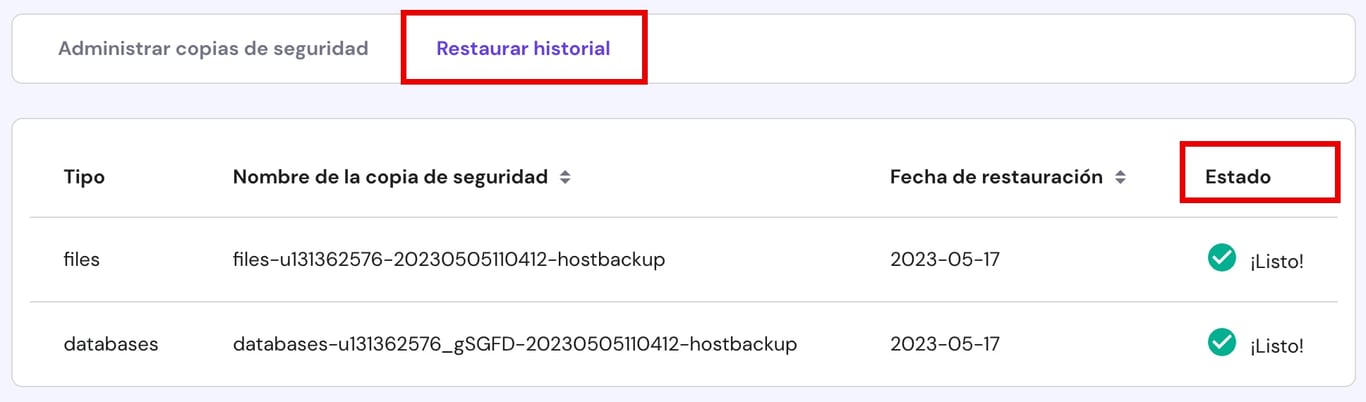 Hostinger: pestaña Restaurar historial y columna Estado resaltadas en copias de seguridad