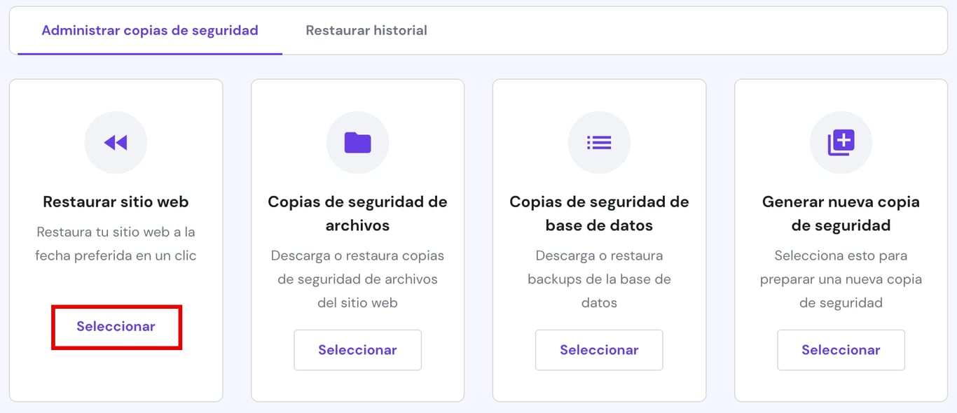 Copias de seguridad: botón Seleccionar en Restaurar sitio web resaltado