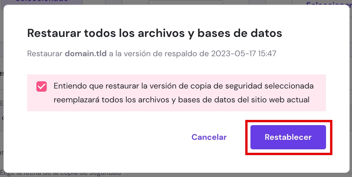 Hostinger: ventana para restaurar copias; botón Restablecer resaltado en el diálogo de confirmación